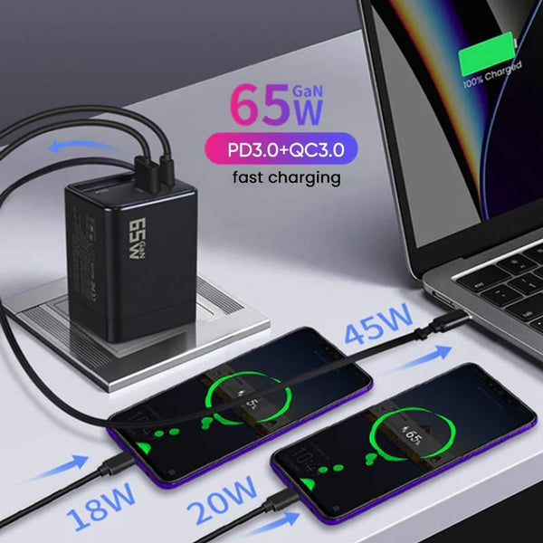 Sakerplus® 65W GaN 3-in-1 Retractable Fast Charger